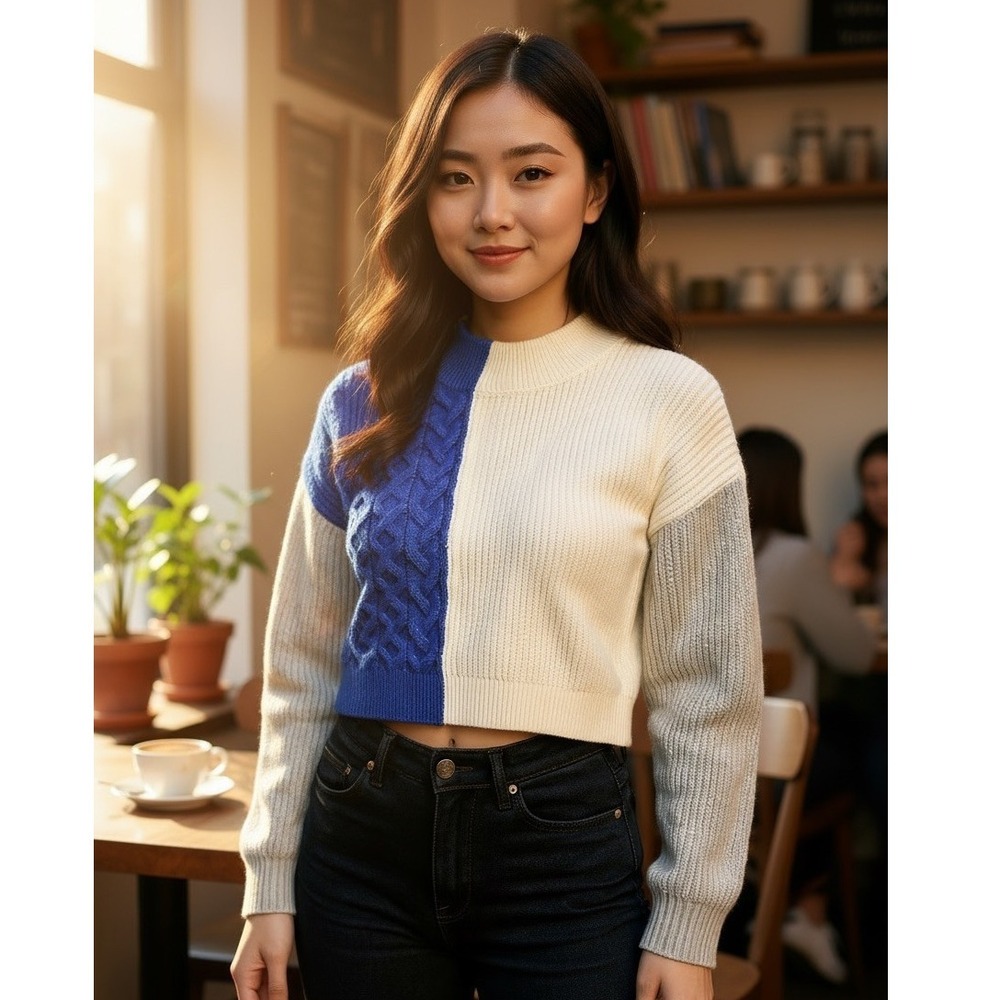 Express Colorblock Mock Neck Cable Knit Sweater C… - image 3